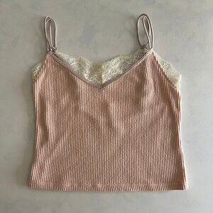 Abercrombie & Fitch Pink Ribbed Cropped Lace Trim Sleepwear Tank Top